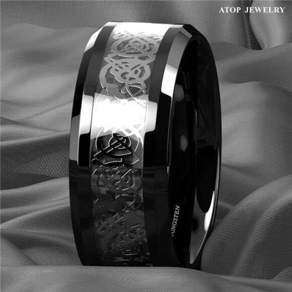 Men's Wedding Band - Silver Celtic Dragon Black Tungsten Carbon Ring for Men - Picture 2 of 7